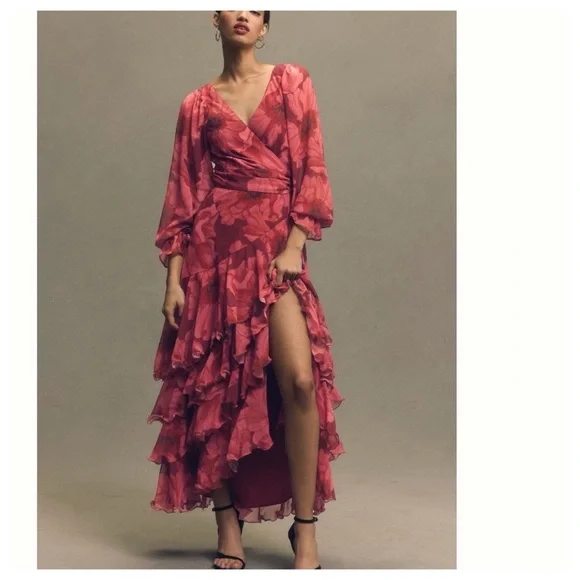 NWT Anthropologie Hutch Kya Long-Sleeve V-Neck Printed Tiered Wrap Maxi Dress XS - Picture 4 of 17